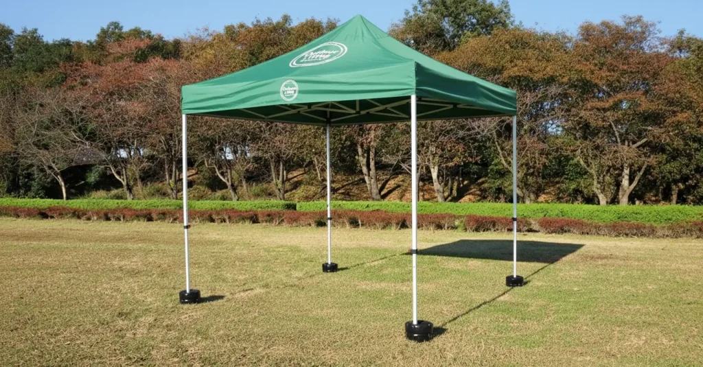 重り付きのキャノピーテント 芝生の上のキャノピーテント。風で飛ばされないように、各脚に重り(テント 重り)が置かれている。