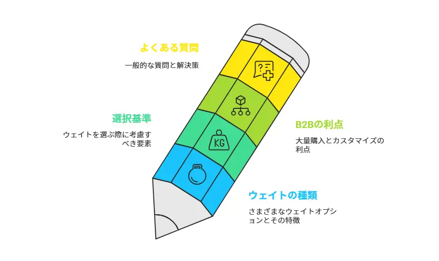 テントウェイトに関するよくある質問(FAQ)と選び方ガイド テントウェイトの選び方、B2Bメリット、種類に関する概要が記載されたよくある質問(FAQ)ガイドの見出し画像。