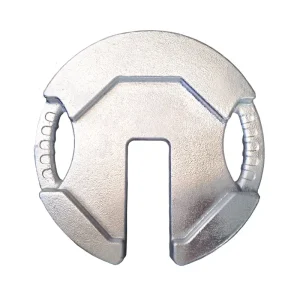 20kg鋳鉄製テントウエイトの背面（底面）図。全面が平らに加工されており、芝生やアスファルトなど様々な地面に設置した際の安定性と滑り防止を確保。防錆メッキは表裏均一に施されている。