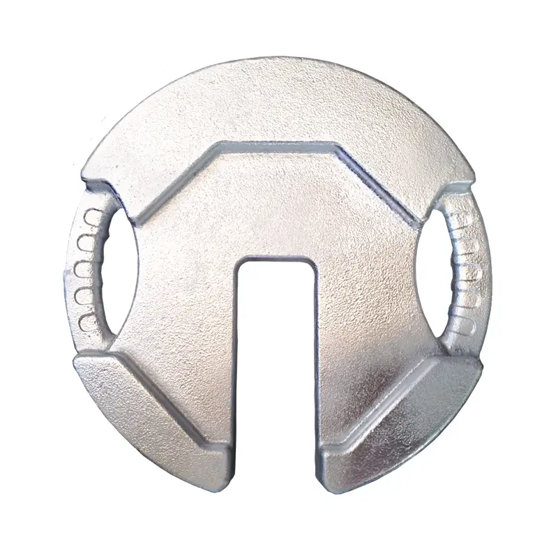 20kg鋳鉄製テントウエイトの背面（底面）図。全面が平らに加工されており、芝生やアスファルトなど様々な地面に設置した際の安定性と滑り防止を確保。防錆メッキは表裏均一に施されている。